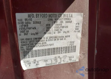 2003 Ford F-150 Lariat/Xlt from USA, damaged, VIN 1FTRW07L03KA17251